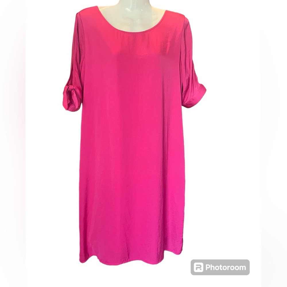 Renuar Dress Large Silky Pink Shift Cut Outs Midi Short Sleeve Flowy Ties